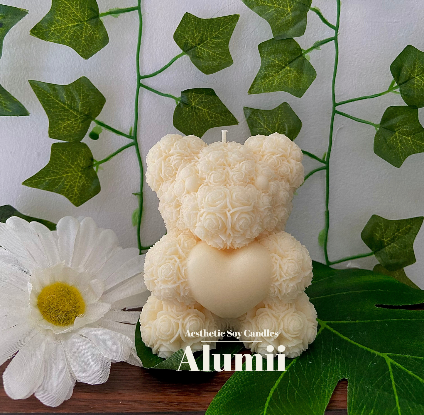Flower Teddy Bear with Heart Candle